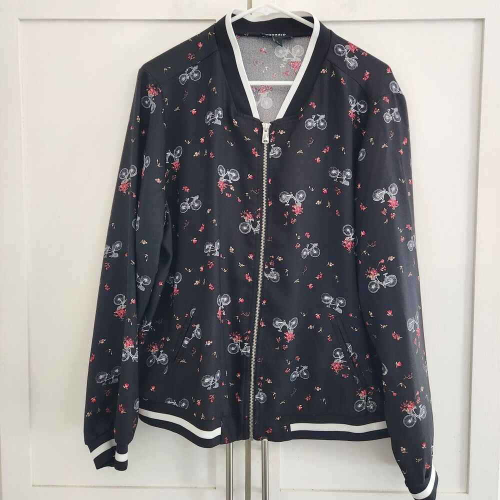 Torrid Size 1 Black Twill Print Bomber Jacket Boho Floral Bike Lightweight Zip